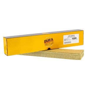 dura-gold premium 40 grit gold pre-cut psa longboard sandpaper sheets, box of 20, 2-3/4" x 16-1/2" self-adhesive stickyback sandpaper for automotive, woodworking air file sander, hand sanding block