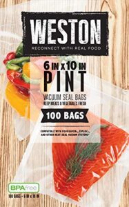weston vacuum sealer bags, 2 ply 3mm thick, for nutrifresh, foodsaver & other heat-seal systems, for meal prep and sous vide, bpa free, 6" x 10" (pint), 100 count, clear