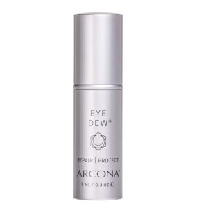 arcona eye dew - shea butter, hyaluronic acid + liquid crystals fill in lines + wrinkles, hydrates, protects .3 oz. made in the usa