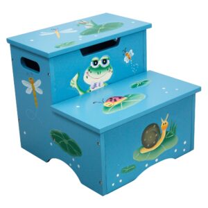 fantasy fields - froggy thematic kids wooden step stool with storage | imagination inspiring hand crafted & hand painted details non-toxic, water-based paint