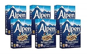 alpen muesli no sugar added cereal, heart healthy cereal with wheat flakes, rolled oats, nuts and raisins, non-gmo project verified, 14 oz box (pack of 6)