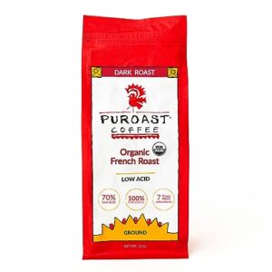 puroast low acid coffee ground organic french roast, dark roast, certified low acid coffee, ph 5.5+, gut health, 12 oz., higher antioxidant, smooth for espresso, iced coffee