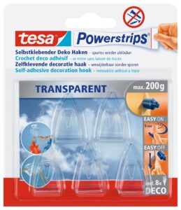 tesa adhesive hooks for glass - invisible hanging hooks for mirrors & transparent surfaces - holds up to 0.2 kg per hook - pack of 5 incl. 8 adhesive strips