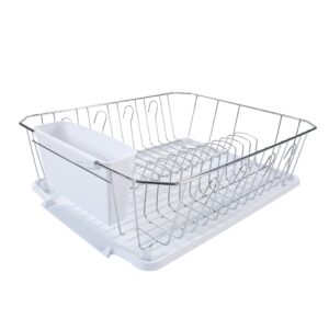 kitchen details 3 piece dish rack | drying rack, cutlery basket & drainboard tray | countertop | self draining | open wire design | chrome | white