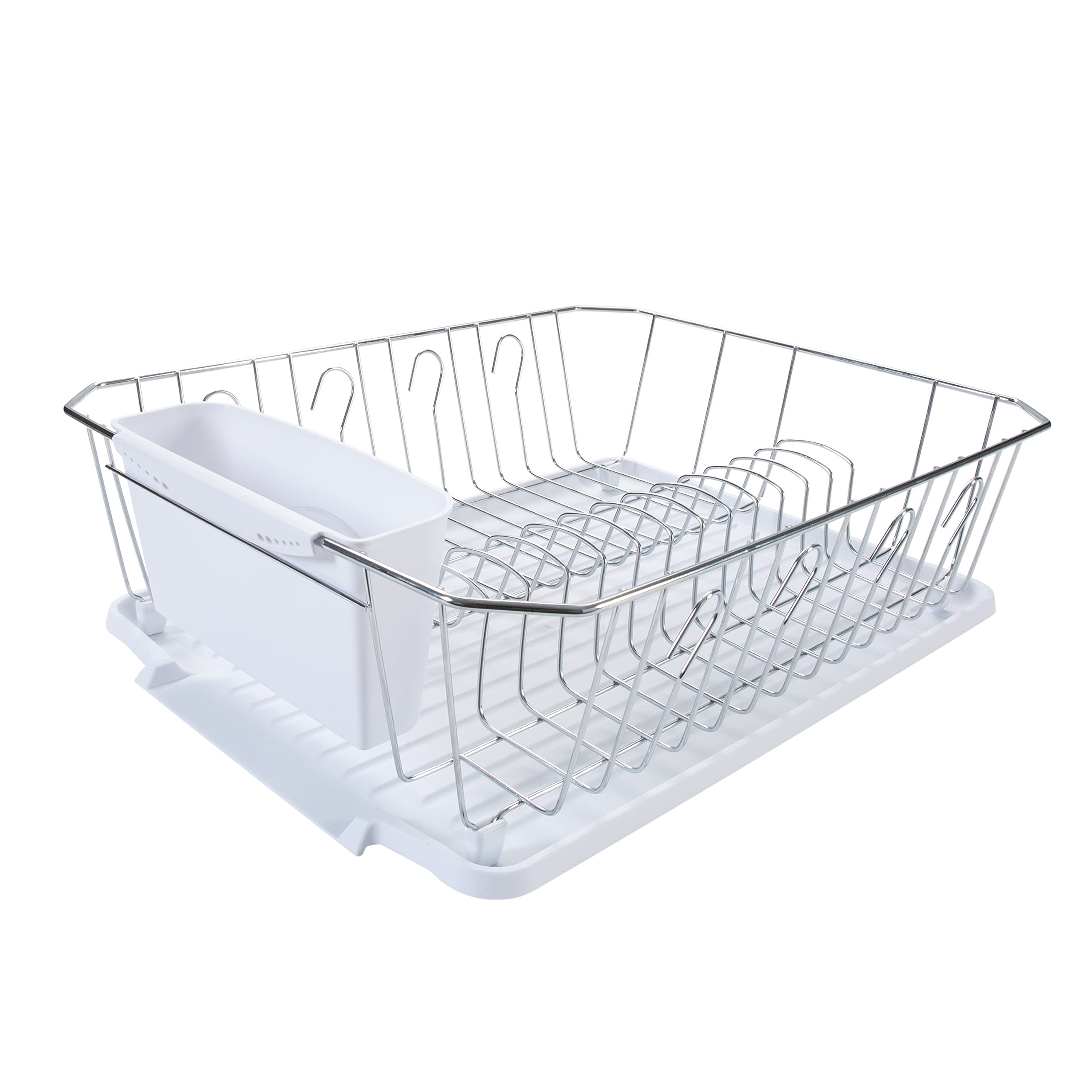 Kitchen Details 3 Piece Dish Rack | Drying Rack, Cutlery Basket & Drainboard Tray | Countertop | Self Draining | Open Wire Design | Chrome | White