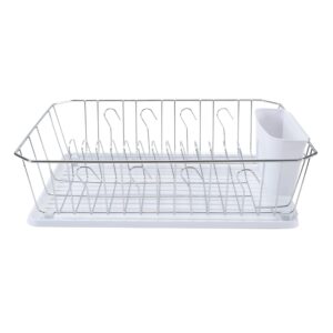 Kitchen Details 3 Piece Dish Rack | Drying Rack, Cutlery Basket & Drainboard Tray | Countertop | Self Draining | Open Wire Design | Chrome | White