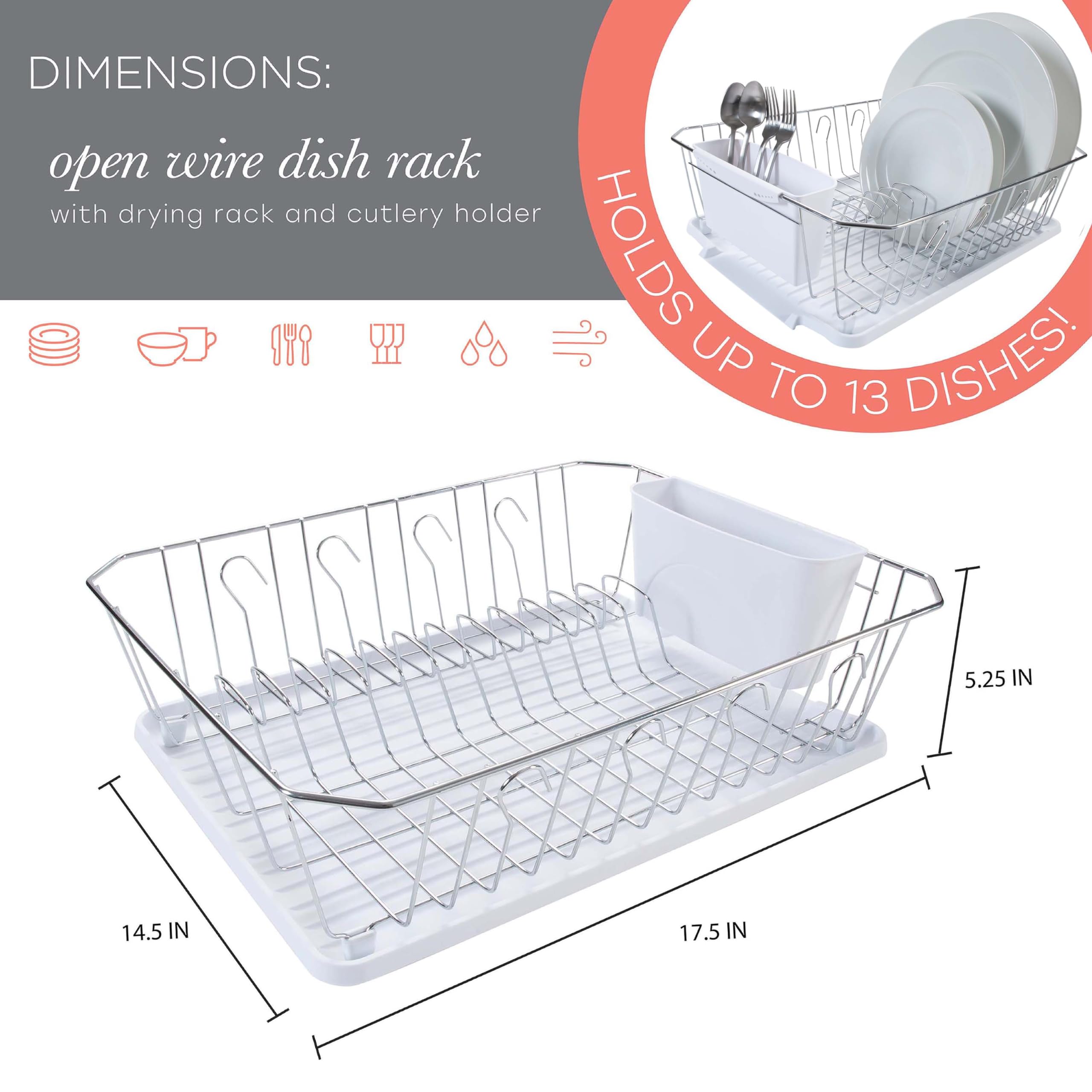 Kitchen Details 3 Piece Dish Rack | Drying Rack, Cutlery Basket & Drainboard Tray | Countertop | Self Draining | Open Wire Design | Chrome | White