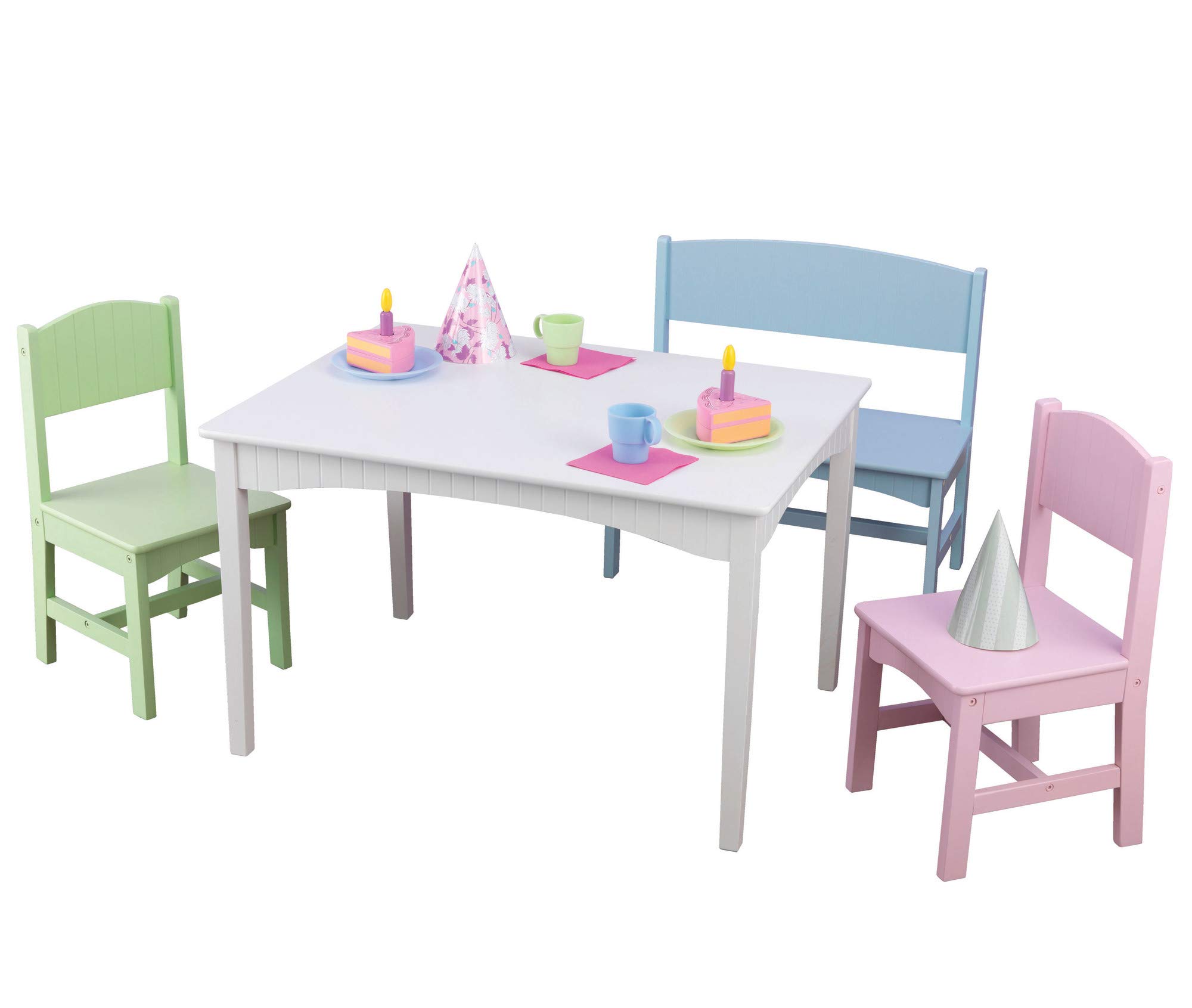 KidKraft Nantucket Wooden Table with Bench and 2 Chairs, Multicolored, Children's Furniture - Pastel, Gift for Ages 3-8