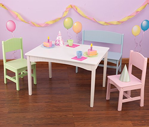 KidKraft Nantucket Wooden Table with Bench and 2 Chairs, Multicolored, Children's Furniture - Pastel, Gift for Ages 3-8