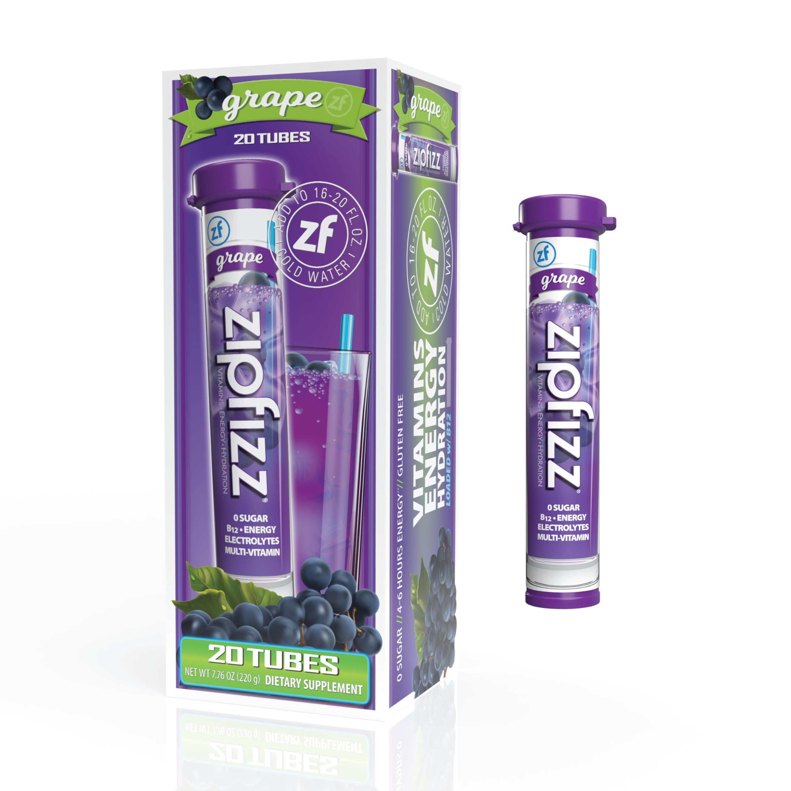 Zipfizz Energy Drink Mix, Electrolyte Hydration Powder with B12 and Multi Vitamin, Grape 20 Count (Pack of 1)