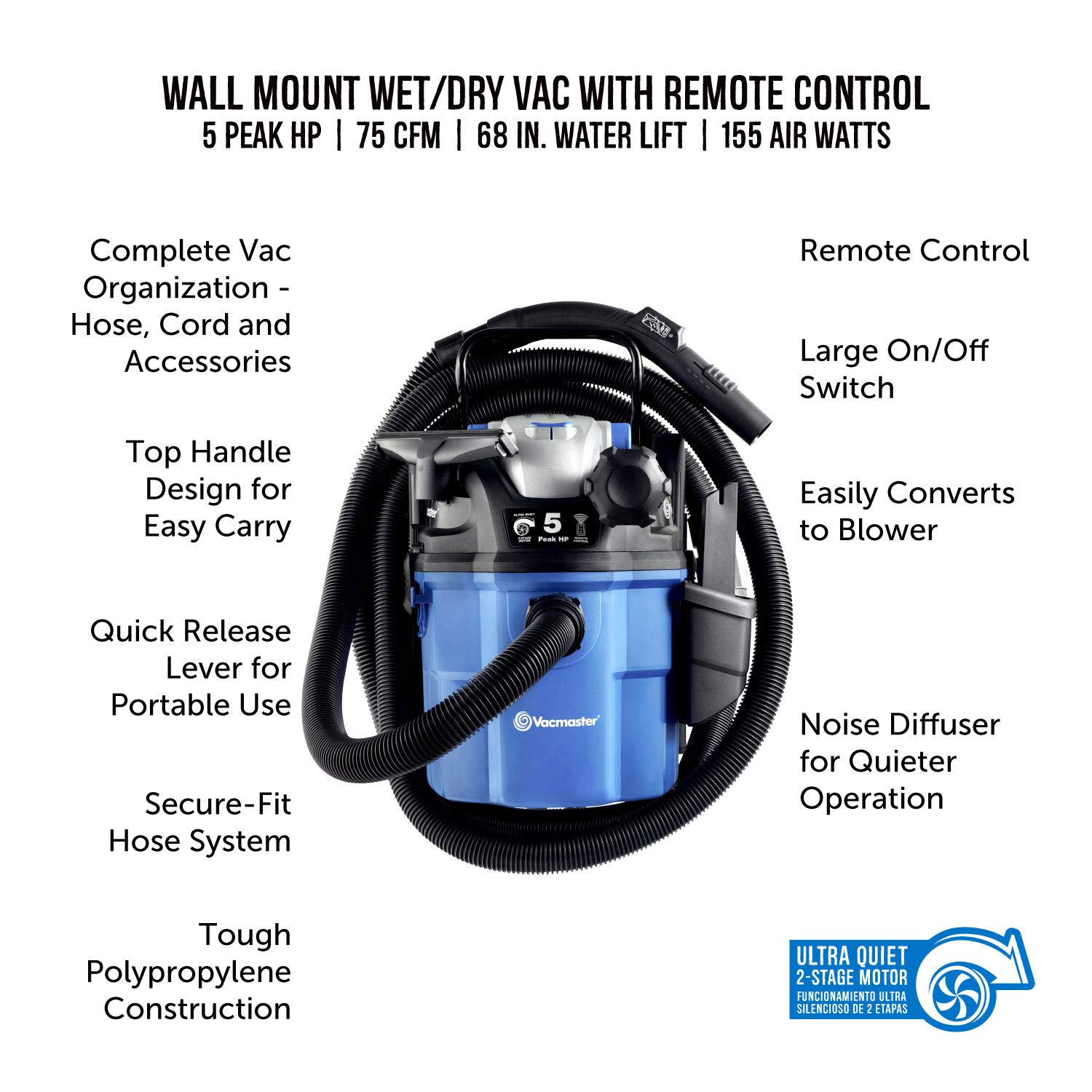 Vacmaster VWM510 5-Gallon 5 Peak HP Remote Control Wall Mount Wet/Dry Shop Vacuum , Blue