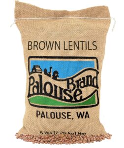 small brown dry lentils | 5 lbs plastic free packaging | family farmed in washington state | 100% desiccant free | non-gmo | 100% non-irradiated | kosher | field traced | burlap bag