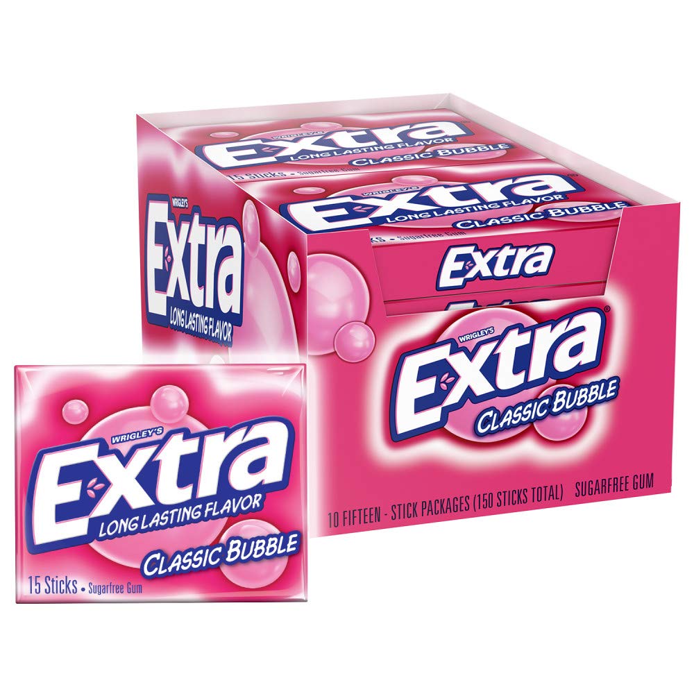 EXTRA Gum Classic Bubble Gum Sugar Free Chewing Gum Bulk Pack, 15 Stick (Pack of 10)