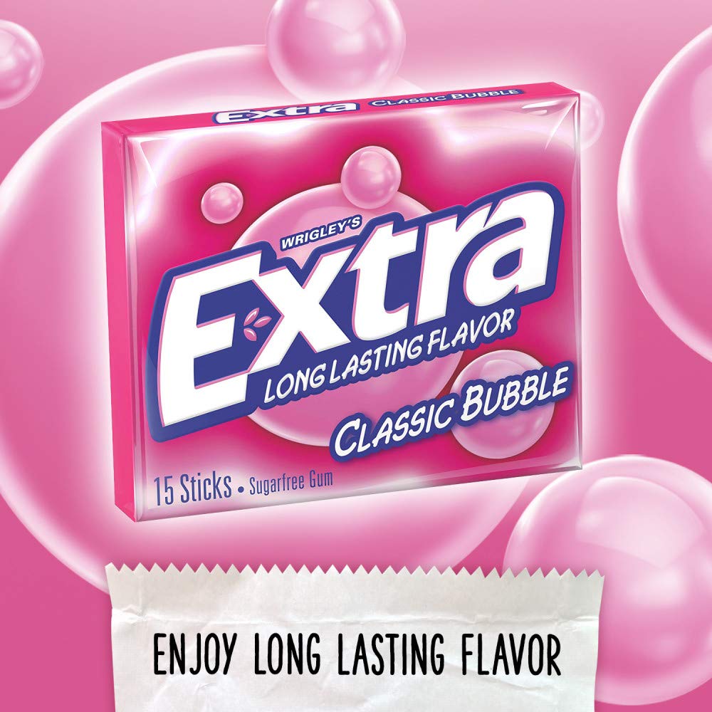 EXTRA Gum Classic Bubble Gum Sugar Free Chewing Gum Bulk Pack, 15 Stick (Pack of 10)