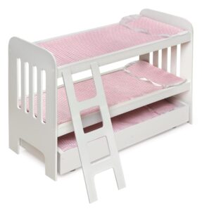 badger basket toy doll bunk bed with trundle, ladder, and personalization kit for 22 inch dolls - white/pink