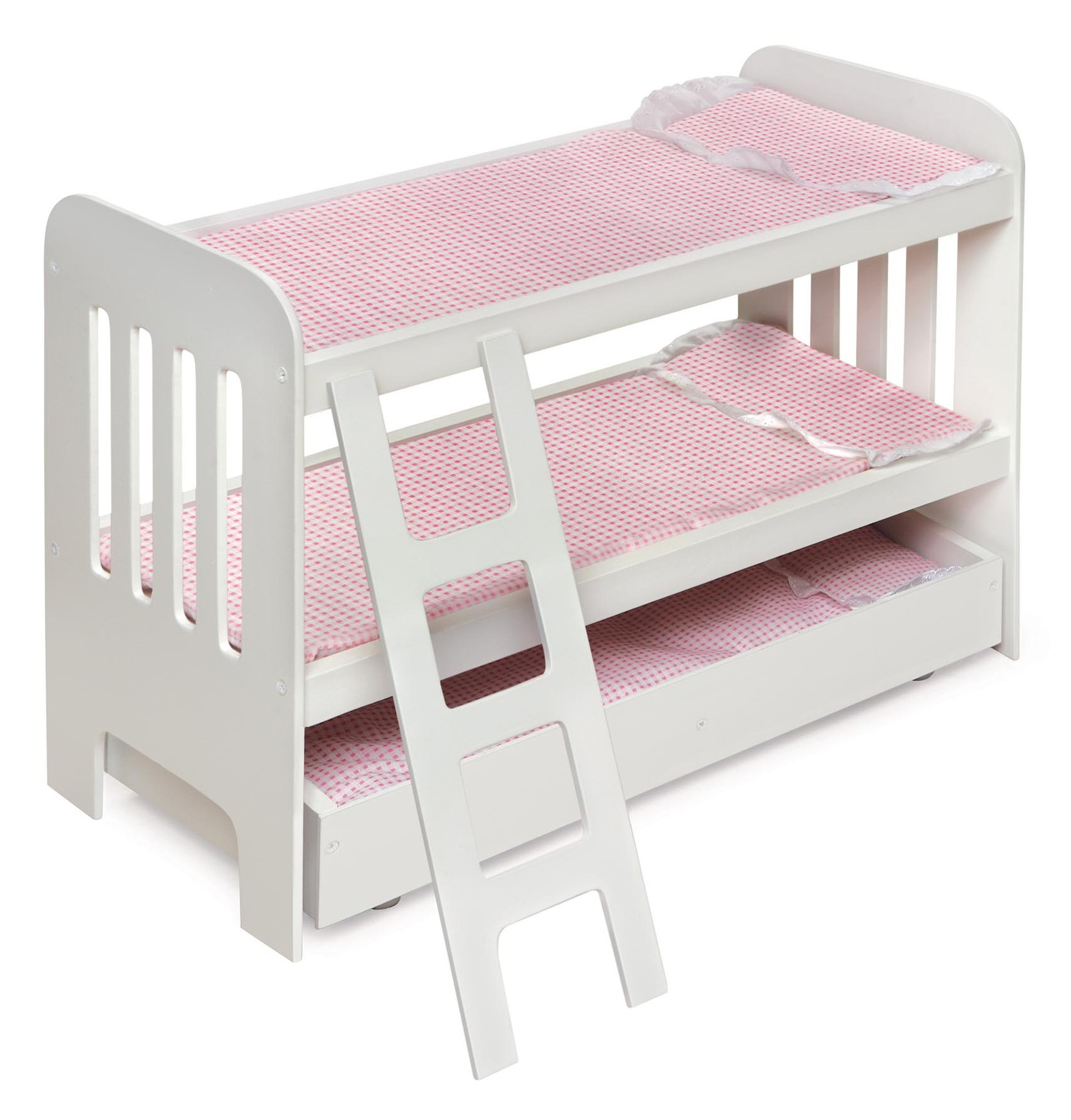 Badger Basket Toy Doll Bunk Bed with Trundle, Ladder, and Personalization Kit for 22 inch Dolls - White/Pink