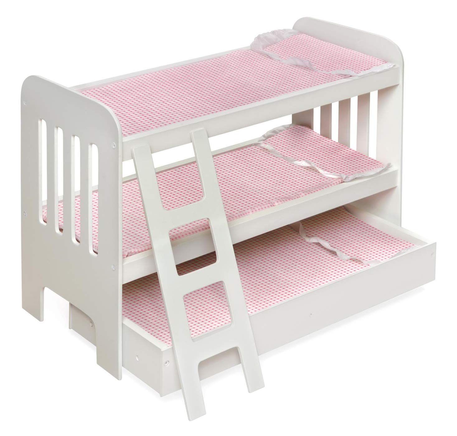 Badger Basket Toy Doll Bunk Bed with Trundle, Ladder, and Personalization Kit for 22 inch Dolls - White/Pink