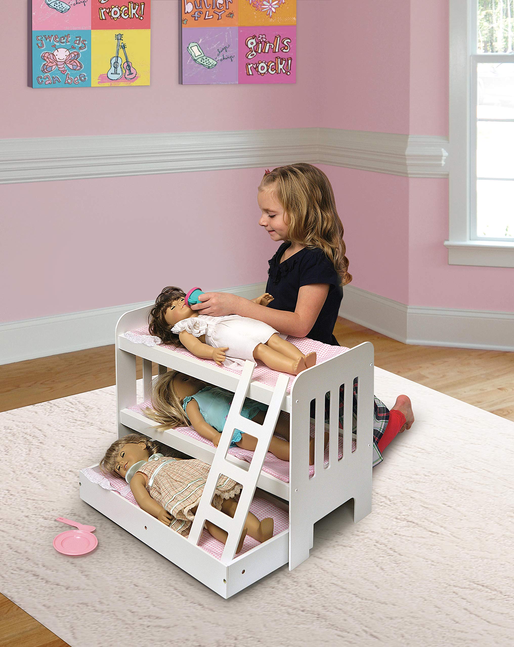 Badger Basket Toy Doll Bunk Bed with Trundle, Ladder, and Personalization Kit for 22 inch Dolls - White/Pink