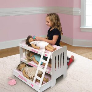 Badger Basket Toy Doll Bunk Bed with Trundle, Ladder, and Personalization Kit for 22 inch Dolls - White/Pink