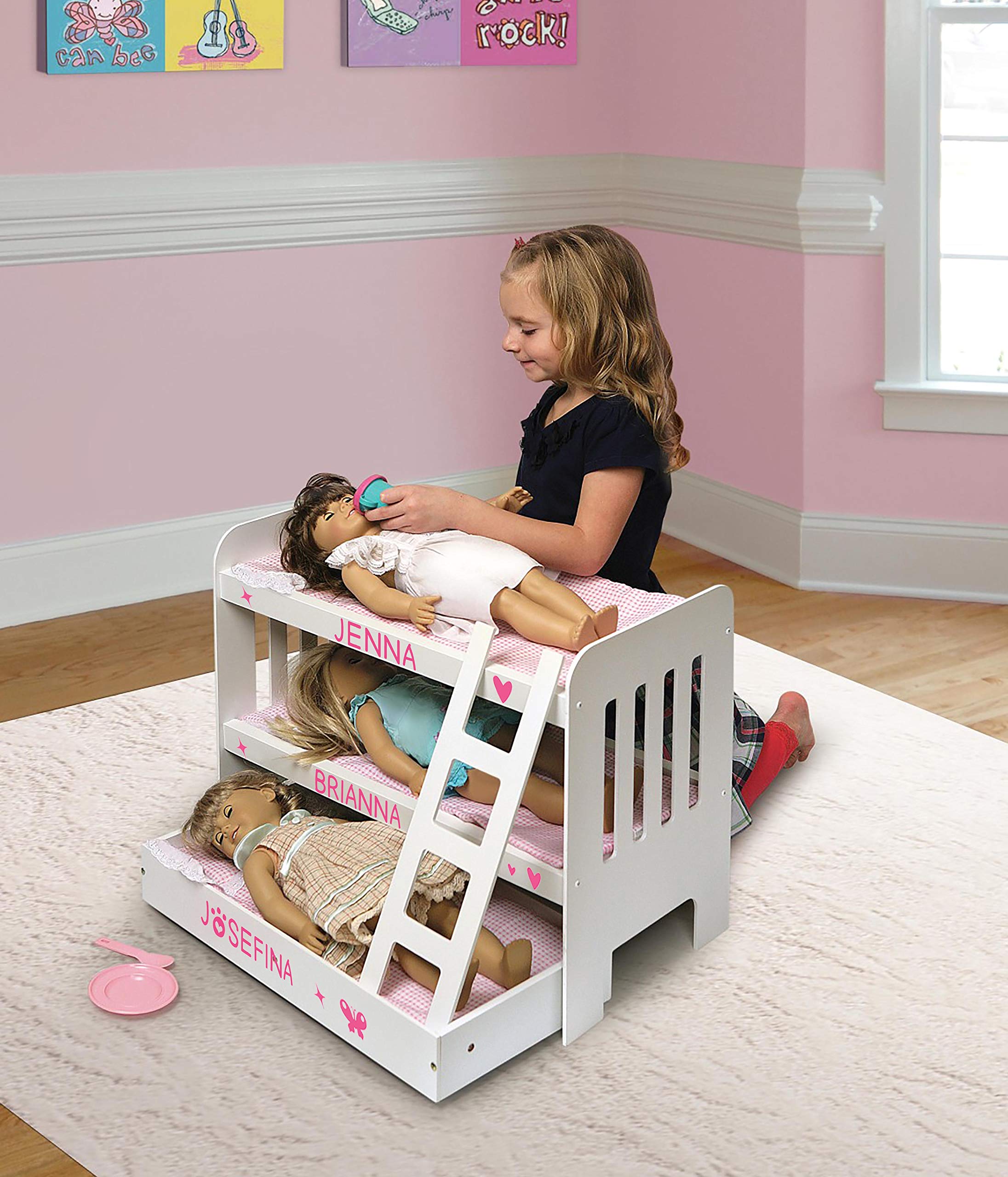 Badger Basket Toy Doll Bunk Bed with Trundle, Ladder, and Personalization Kit for 22 inch Dolls - White/Pink