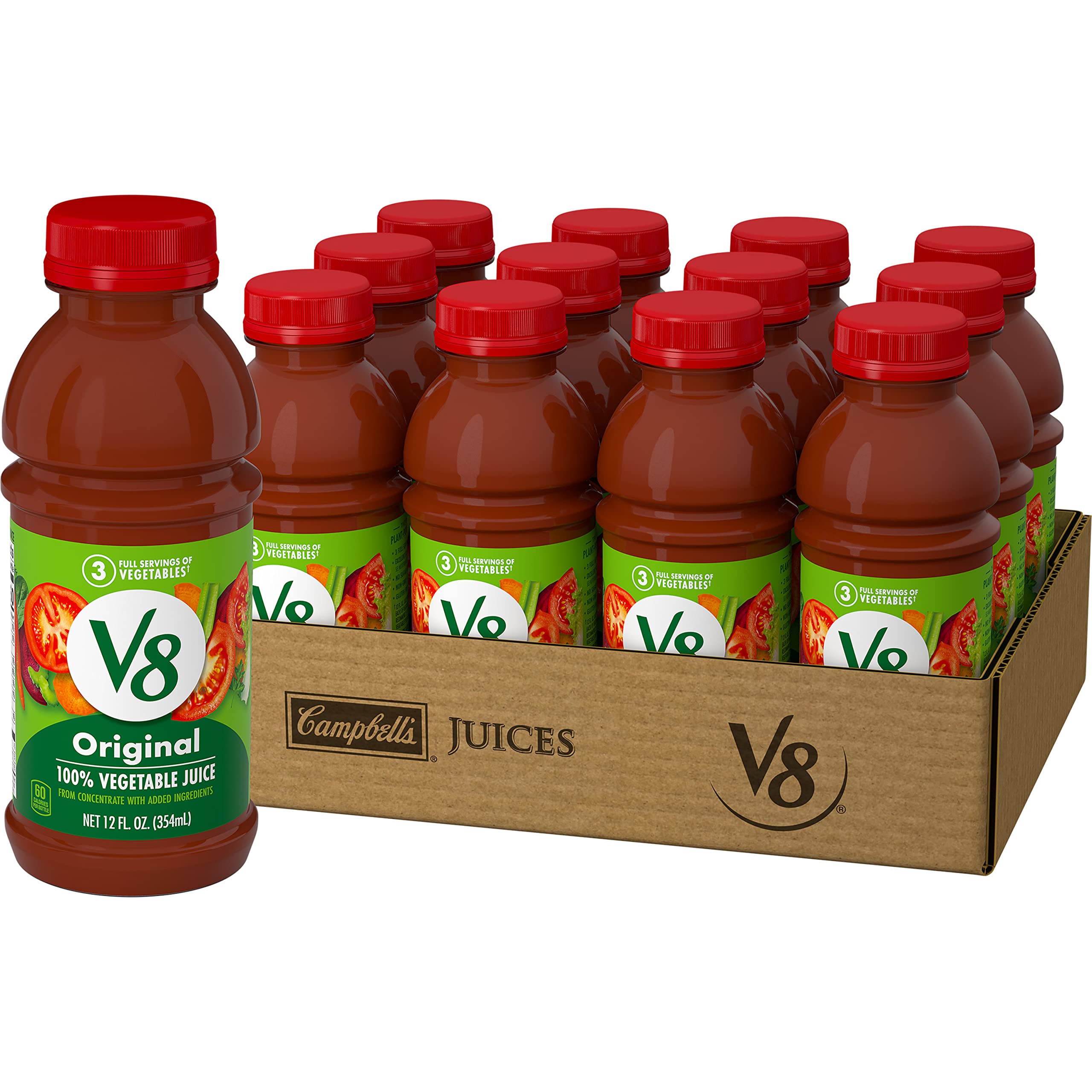 V8 Original 100% Vegetable Juice, Vegetable Blend with Tomato Juice, 12 fl oz Bottle (Pack of 12)