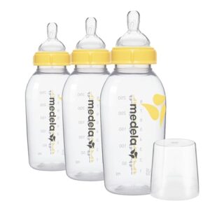 medela medium flow feeding & storage bottles, 3 pack of 8 ounce bottle with nipple, lids, wide base collars, and travel caps, made without bpa