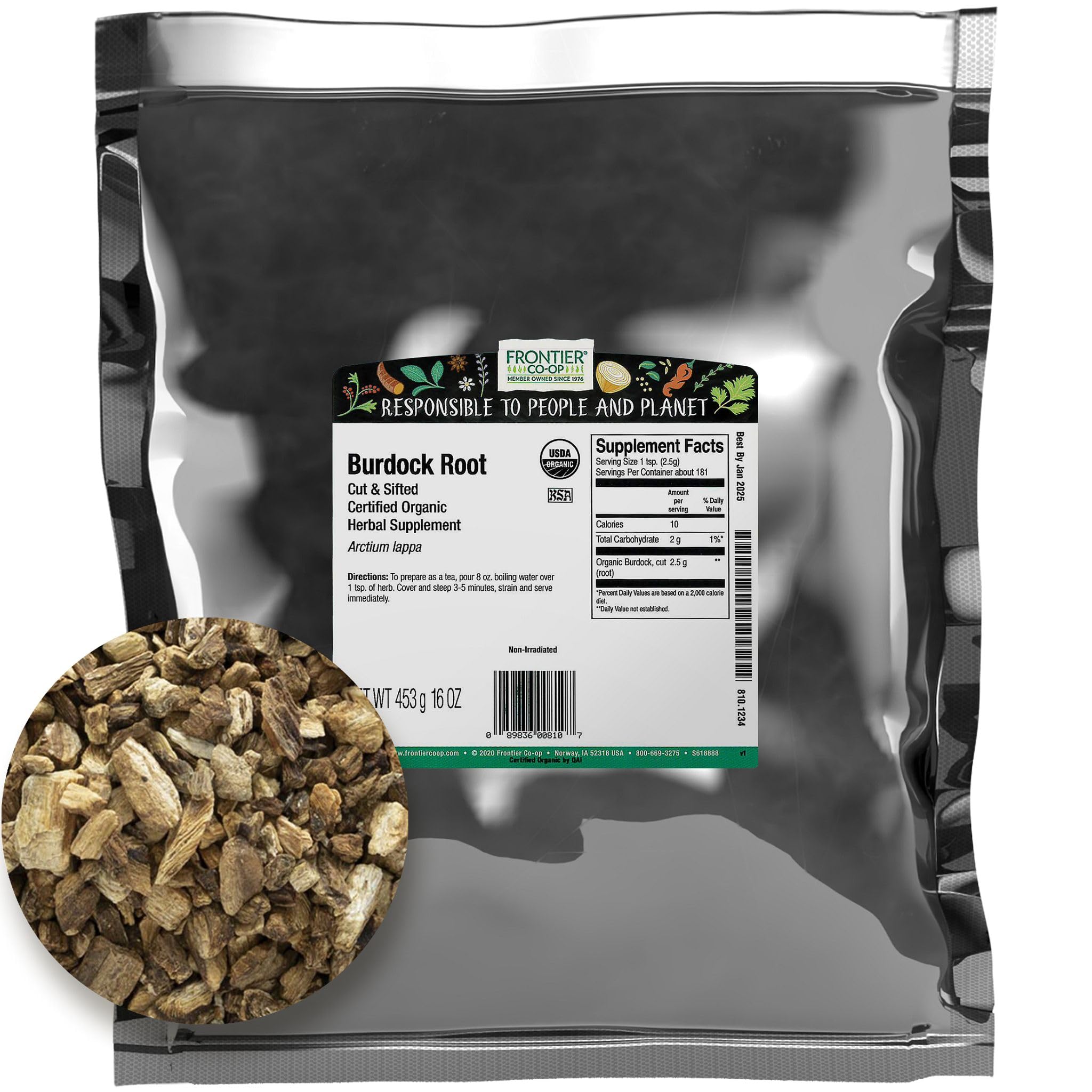 Frontier Organic Burdock Root, 1-Pound Bulk Bag, Common in Root Beer Recipes, Cut & Sifted, Sustainable Grown, Kosher (Packaging May vary)