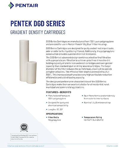 Pentair Pentek DGD-5005-20 Big Blue Water Filter, 20-Inch Whole House Sediment Filter Cartridge Replacement, Dual-Gradient Density Spun Polypropylene, 20" x 4.5", 5 Micron, Pack of 1, White