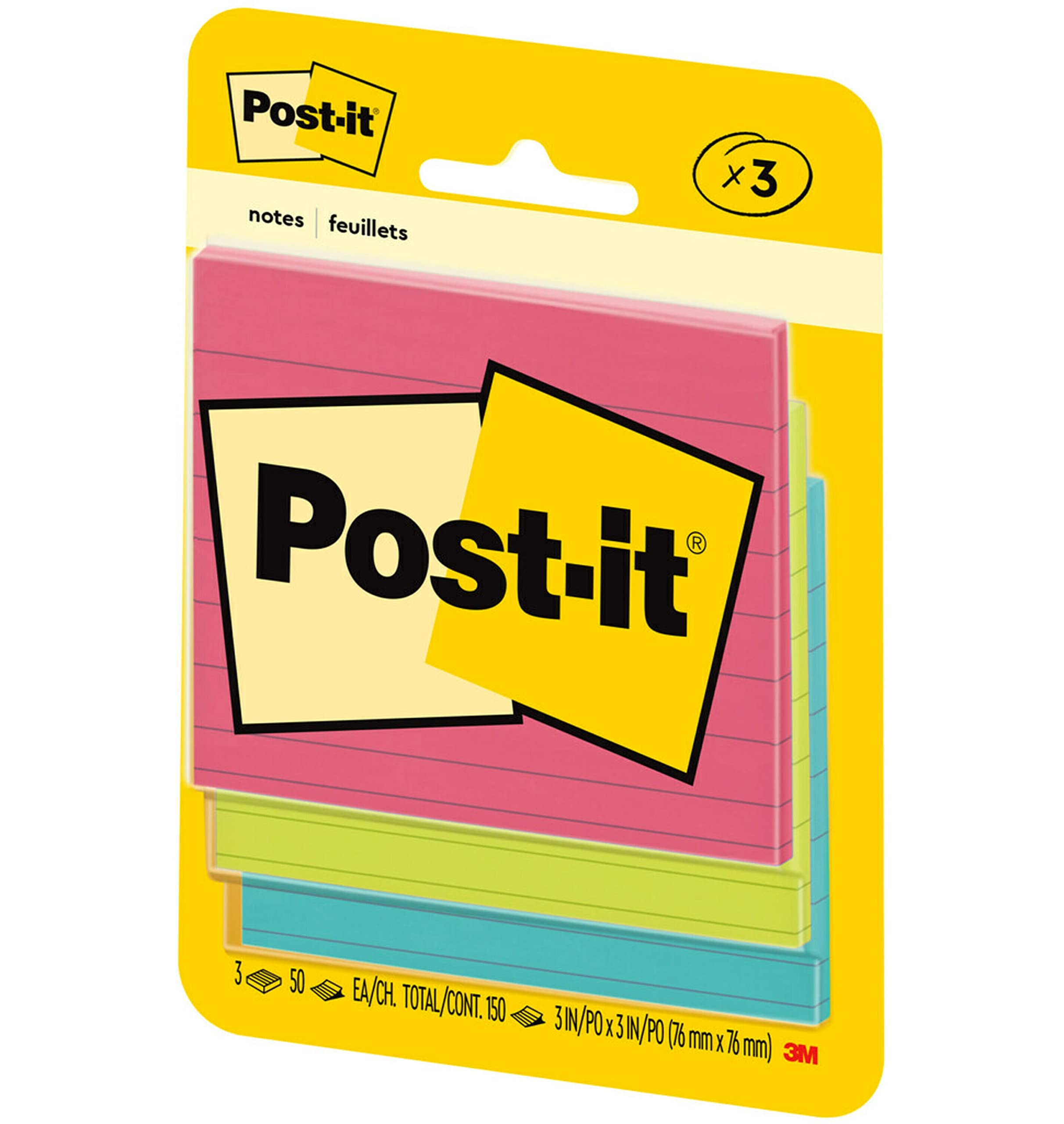 Post-it Notes, 3x3 in, 3 Pads, America's #1 Favorite Sticky Notes, Poptimistic Collection, Bright Colors (Magenta, Pink, Blue, Green), Clean Removal, Recyclable (6301-B)