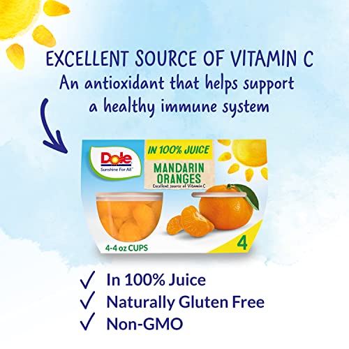 Dole Fruit Bowls Mandarin Oranges in 100% Juice Snacks, 4oz 24 Total Cups, Gluten & Dairy Free, Bulk Lunch Snacks for Kids & Adults