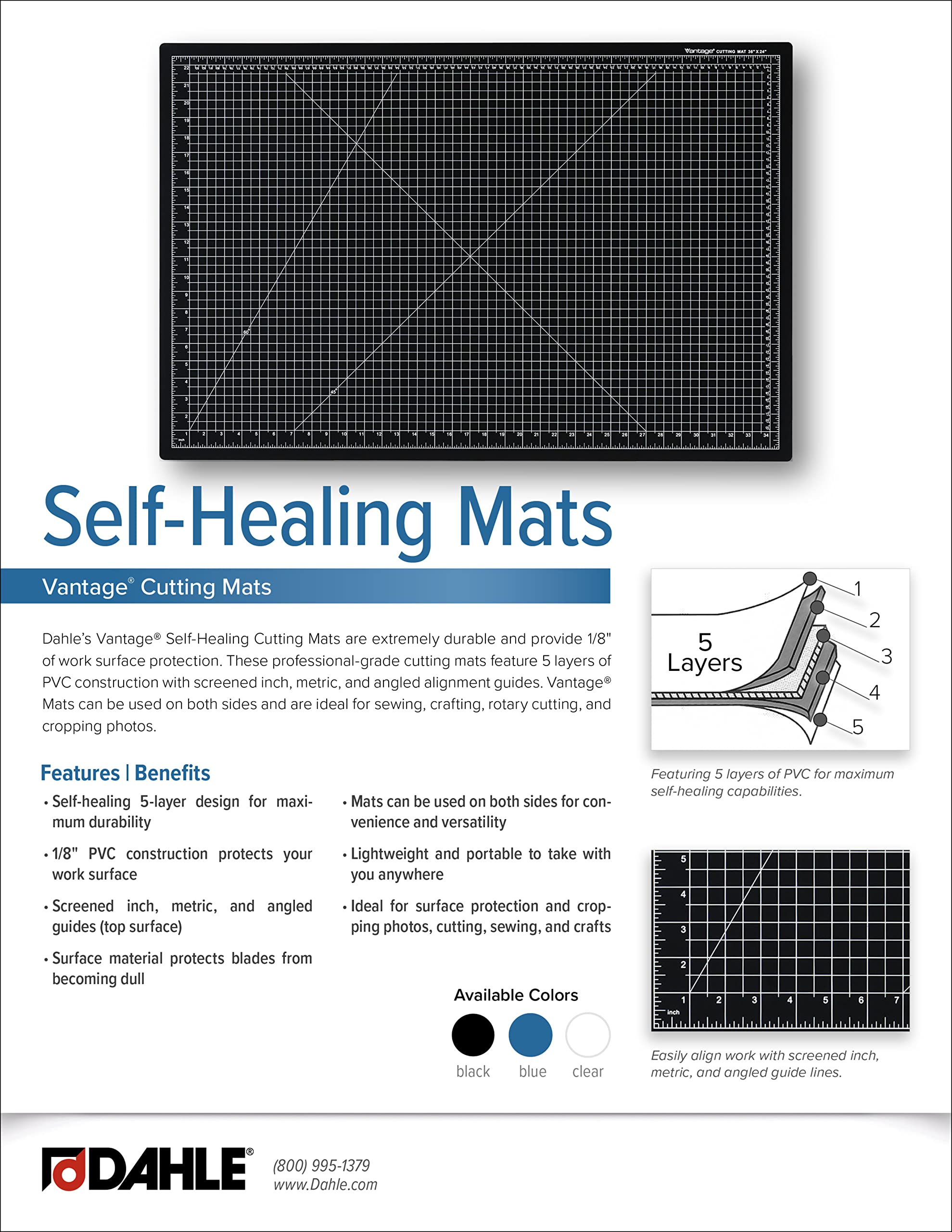 Dahle Vantage 10670 Self-Healing Cutting Mat, 9"x12", 1/2" Grid, 5 Layers for Max Healing, Perfect for Crafts & Sewing, Black