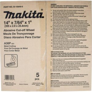 Makita B-10849-5 14" x 7/64" x 1" Abrasive Cut-Off Wheel, 5/pk