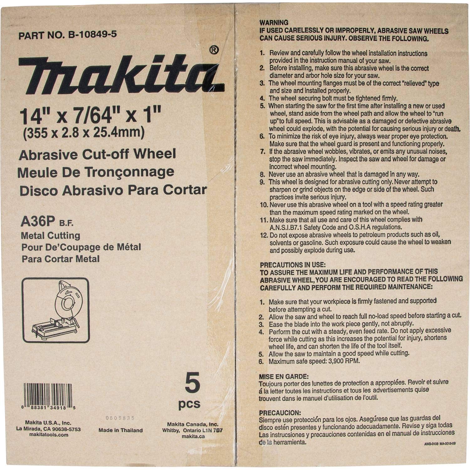 Makita B-10849-5 14" x 7/64" x 1" Abrasive Cut-Off Wheel, 5/pk