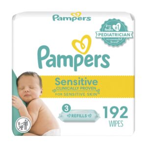 pampers sensitive baby wipes, water based, hypoallergenic and unscented, 3 refill packs (192 wipes total) [packaging may vary]