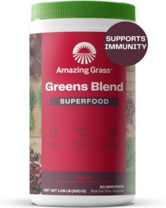 amazing grass greens blend superfood: super greens powder smoothie mix with organic spirulina, chlorella, beet root powder, digestive enzymes & probiotics, berry, 60 servings (packaging may vary)