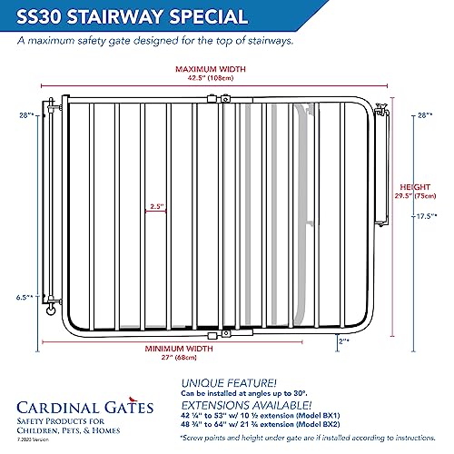 Cardinal Gates SS30 Stairway Special Baby Gate for Stairs - Adjustable Indoor Dog Gate - Aluminum Safety Gate for Kids & Pets - Can be Installed at Angles - 27 to 42.5 Inches Wide - White