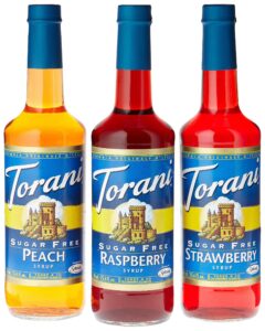 torani sugar free fruit flavor syrup variety pack - raspberry, strawberry, peach, 25.4 fl oz (pack of 3)