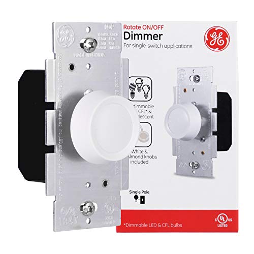 GE Single Pole Rotating Dimmer Switch, Rotate On/Off, Use with Dimmable LED, CFL, and Incandescent Bulbs, Includes Two Knob Colors, UL Listed, White/Light Almond, 18021