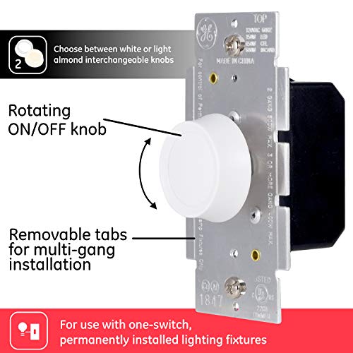 GE Single Pole Rotating Dimmer Switch, Rotate On/Off, Use with Dimmable LED, CFL, and Incandescent Bulbs, Includes Two Knob Colors, UL Listed, White/Light Almond, 18021