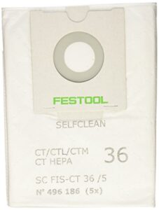 festool 496186 selfclean filter bag for ct 36, quantity 5