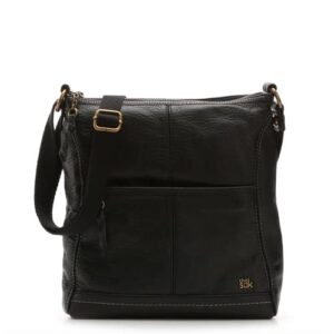 sakroots iris crossbody bag in leather, casual purse with adjustable strap & zipper pockets, multifunctional & sustainably-made, black