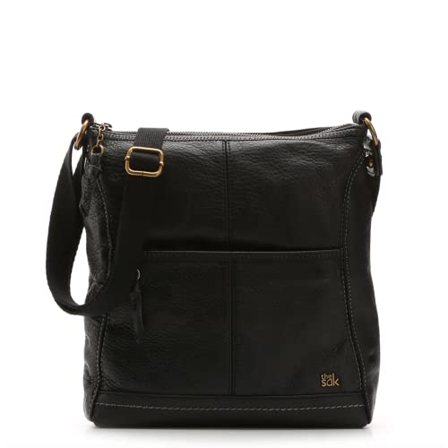 Sakroots Iris Crossbody Bag in Leather, Casual Purse with Adjustable Strap & Zipper Pockets, Multifunctional & Sustainably-Made, Black