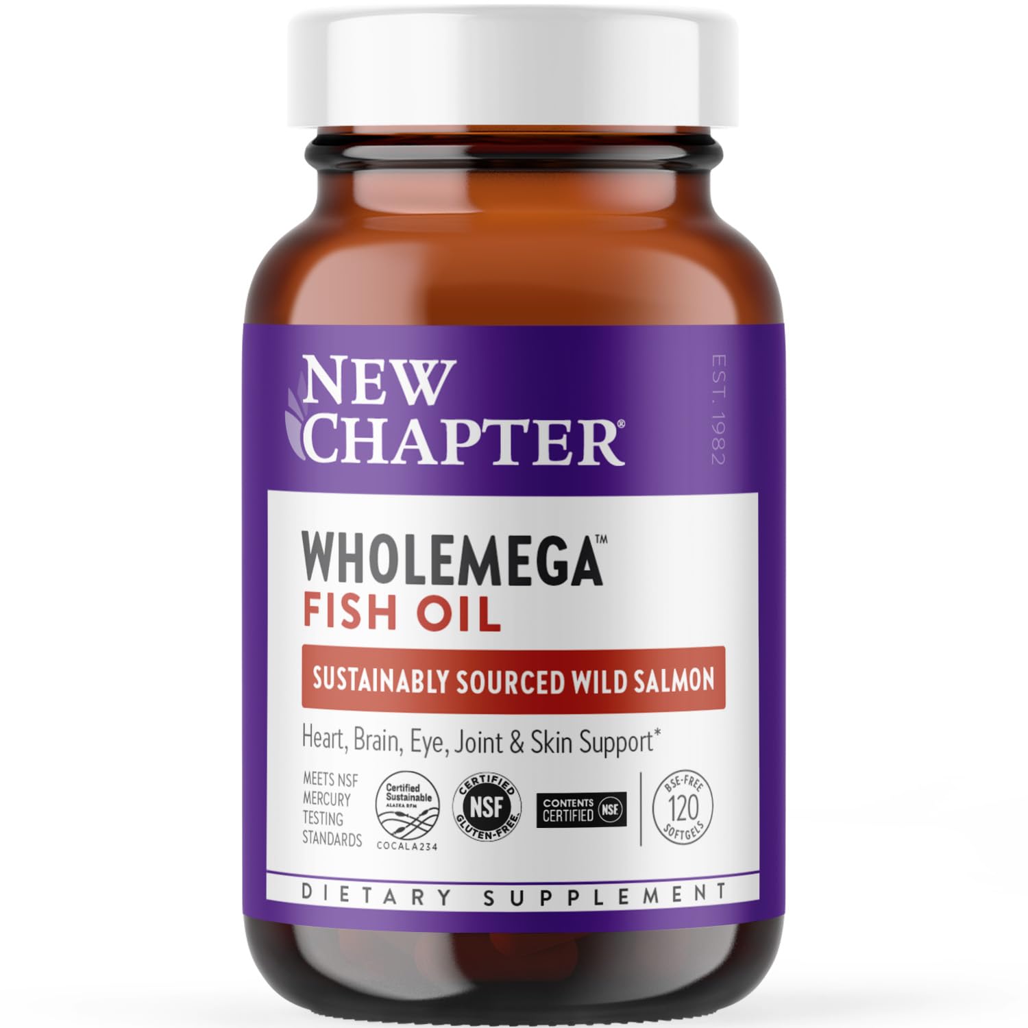 New Chapter Wholemega Fish Oil Supplement - Wild Alaskan Salmon Oil with Omega-3 + Vitamin D3 + Astaxanthin + Sustainably Caught - 120 ct, 1000mg Softgels