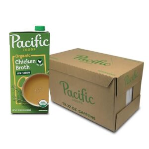 pacific foods low sodium organic free range chicken broth, 32 oz carton (case of 12)