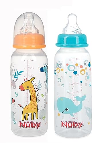 Nuby Printed Non Drip Standard Bottle, Colors May Vary, 2 Count