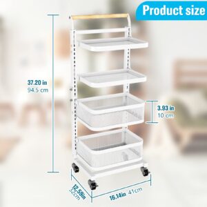 7 code 4 Tier Rolling Utility Cart, Multifunctional Detachable Utility Storage Cart for Kitchen, Rolling Metal Organization Cart with Handle & Lockable Wheels, White
