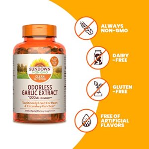 Sundown Odorless Garlic Supplement, 10 mg, Equivalent to 1000mg Garlic Bulb, 250 Softgels (Packaging May Vary)