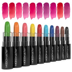 moodmatcher lipstick, 10pc collection of the original color-change lipstick - maskproof, 12 hour long wear, enriched with aloe & vitamin e for ultra-hydration, waterproof - made in usa