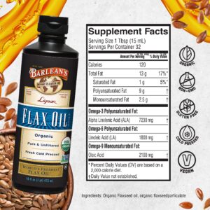 Barlean's Lignan Flaxseed Oil from Cold-Pressed Flaxseeds - 7,230 mg ALA Omega-3 Fatty Acids for Improving Heart Health - Vegan, USDA Organic, Non-GMO, Gluten-Free - 16 oz