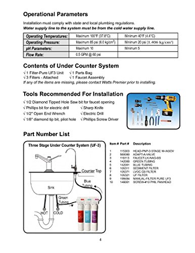 Watts Premier WP531130 Pure UF-3 Three-Stage Water Filtration System with Top Mount Twist Faucet, Brushed Nickel